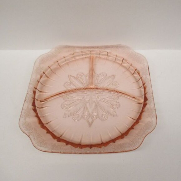 Jeannette Depression Glass Pink ADAM 9 1/4 In Square 3-Part Divided Grill Plate - Picture 1 of 4